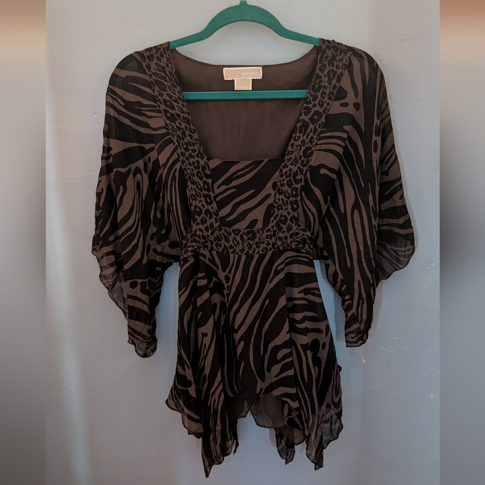 🌙 Michael Kors Black Leopard Tiger Flutter Kerchief Hem Tunic